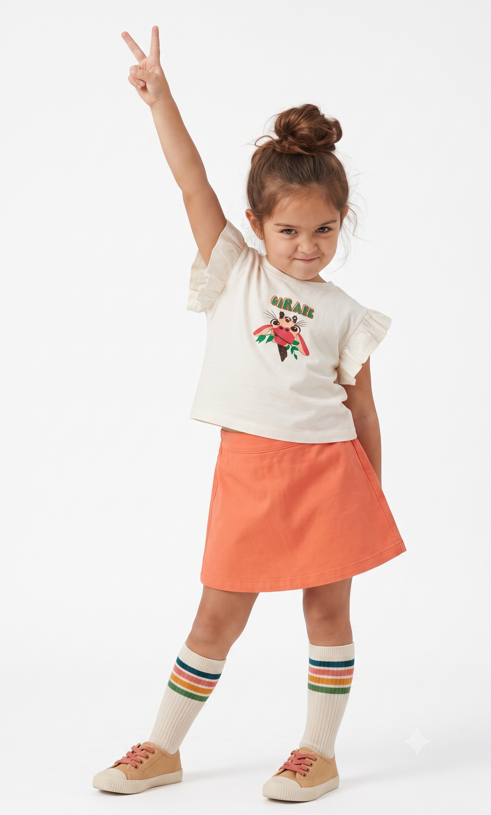 A young girl posing in a white ruffle-sleeve t-shirt with a colorful monkey graphic, a coral orange A-line skirt, striped cream knee-high socks, and beige sneakers, set against a plain white studio background.